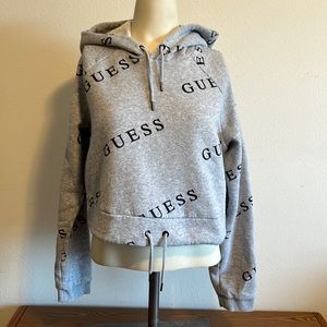 GUESS Crop Drawstring Hem Hoodie Sz M Gray with Black Logo EUC